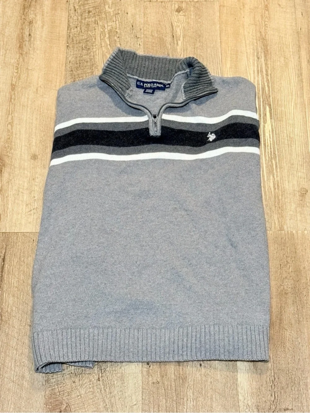 U.S. Polo Assn. Light Gray Quarter-Zip Sweater with Navy & White Stripes